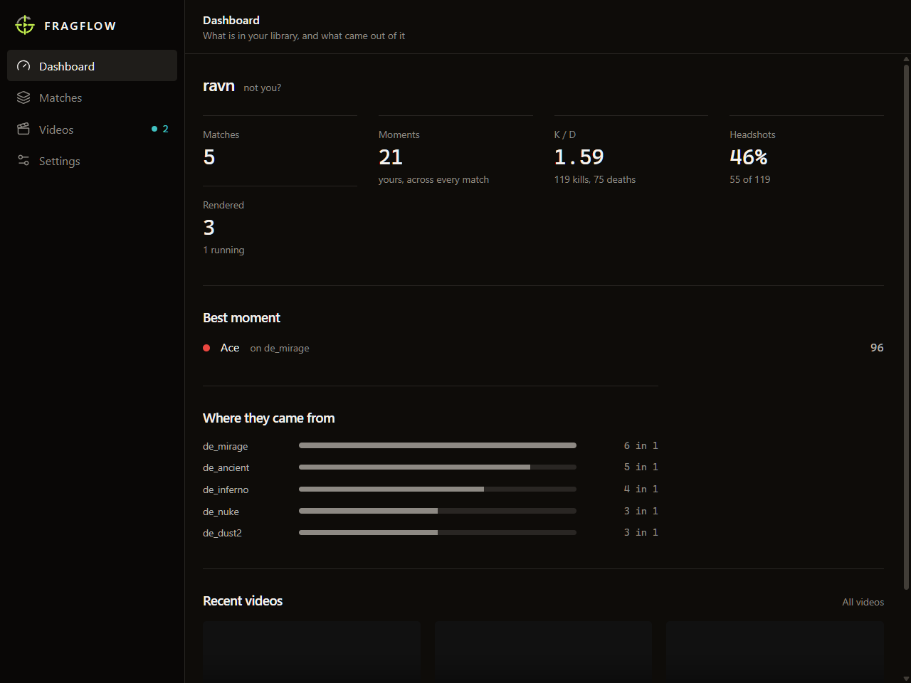 The Dashboard screen: match count, moment count, K/D, headshot percentage, best moment, and a breakdown of moments per map