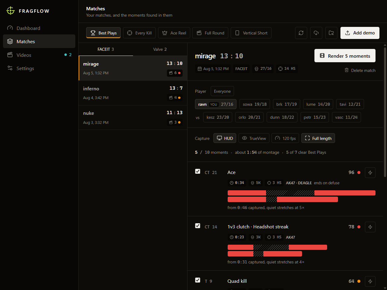 The Matches screen: a list of matches on the left, and on the right the moments found in one Mirage match, each with its tags, kill count and timeline