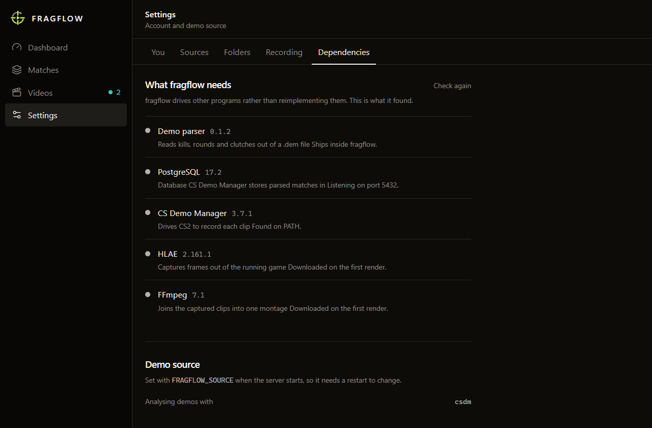 The Settings screen showing the dependency check: demo parser, PostgreSQL, CS Demo Manager, HLAE and FFmpeg, each with a version and a status