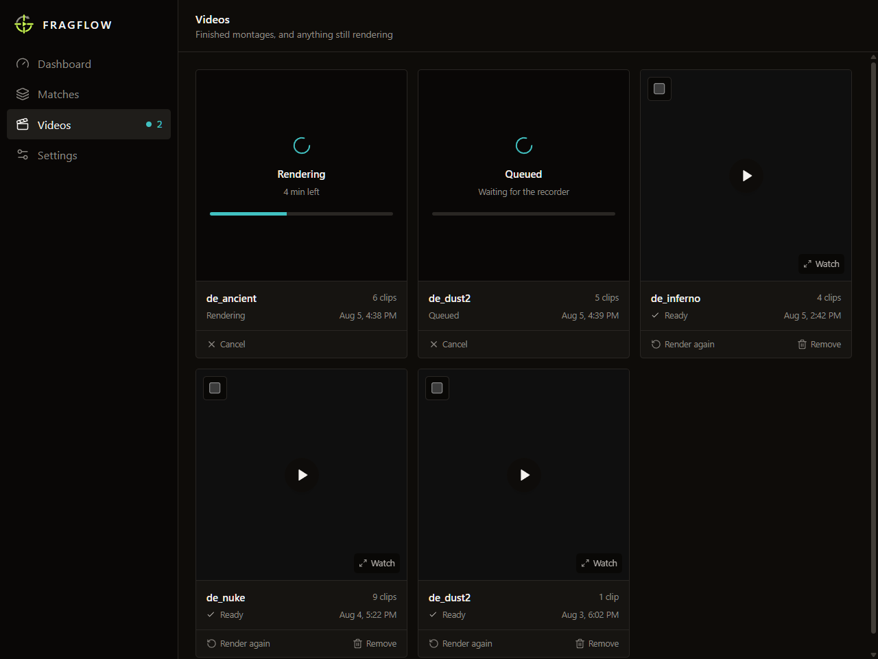 The Videos screen: cards showing one render in progress with a time estimate, one queued, and three finished montages